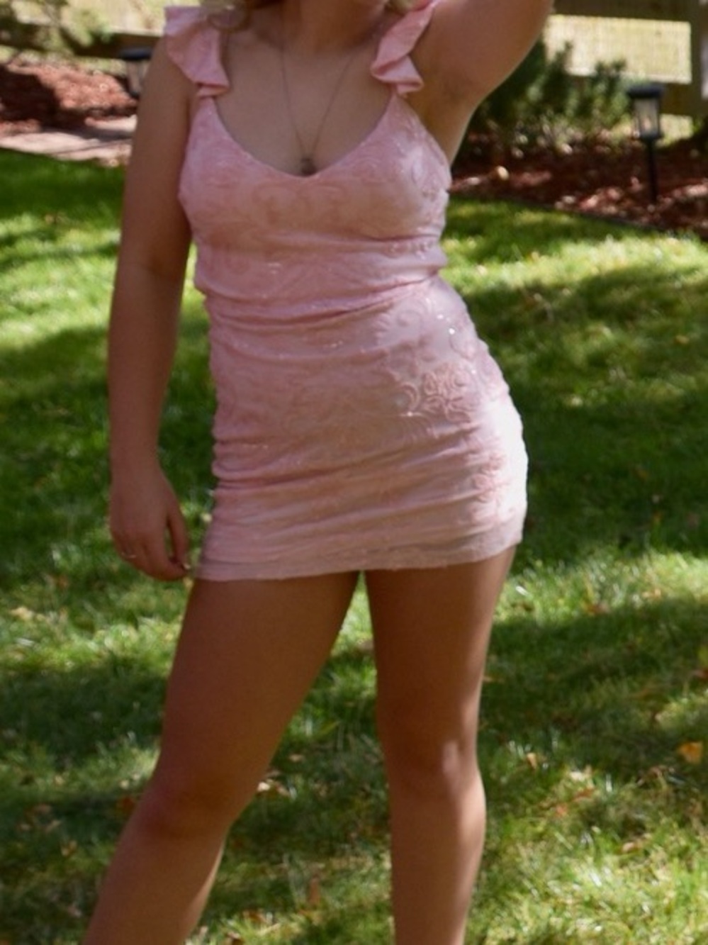 Windsor Blush Pink Ruffle Strap Sequin Bodycon Dress